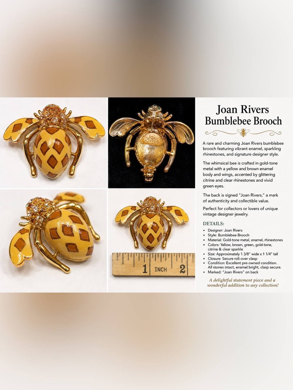 Joan Rivers Gold-Tone Bee Brooch with Yellow and Brown Enamel